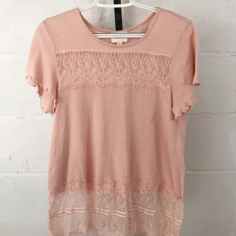Deletta Anthropologie Pink Eyelash Lace Flutter Sleeve Top Shirt Tee Linen S